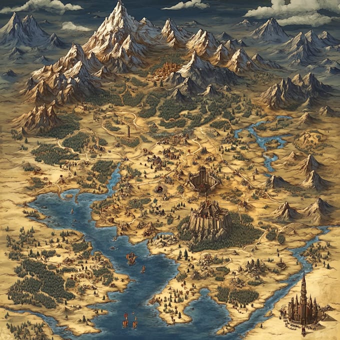 draw a custom fantasy map illustration with castles and forests