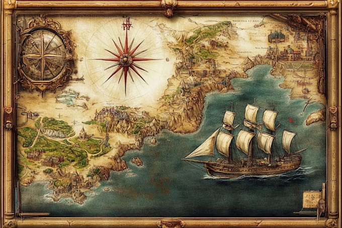 draw fantasy map or ship illustration with cool details