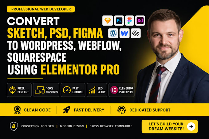 convert sketch, PSD figma to wordpress webflow, squarespace
