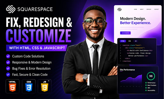 add custom HTML, CSS and js code to fix, redesign and customize squarespace site