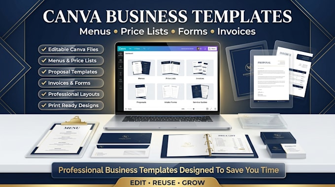 design canva business templates, menus, price lists and editable forms