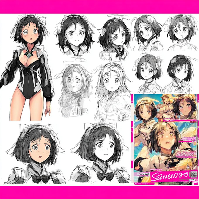 design an anime reference sheet with expressions and turnaround views