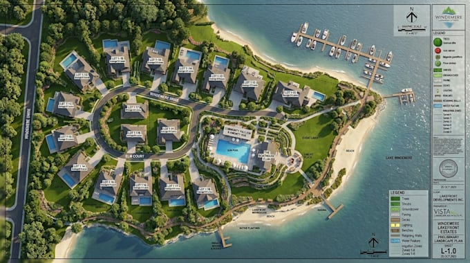 create 3d site plan rendering, landscapeplan and property layout for real estate