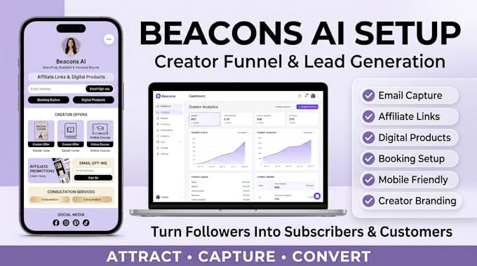 create beacons ai page, creator funnel and lead generation setup