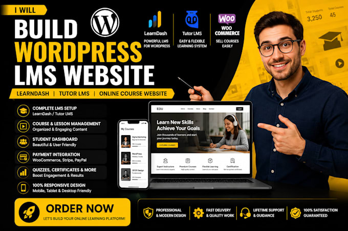 build wordpress lms website, learndash, tutor lms, online course website