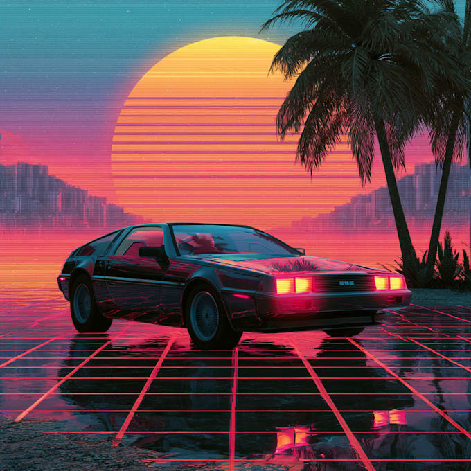 create 80s retrowave synthwave album or single cover artwork