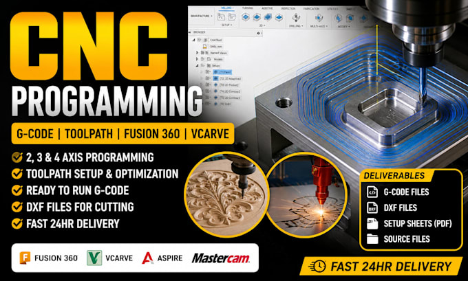 do cnc programming, toolpath and g code for router milling and laser in 24hr