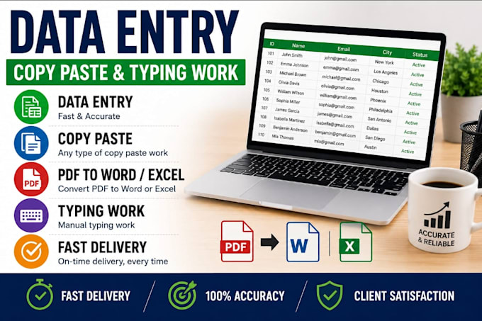 do data entry, copy paste, typing and PDF to word excel work