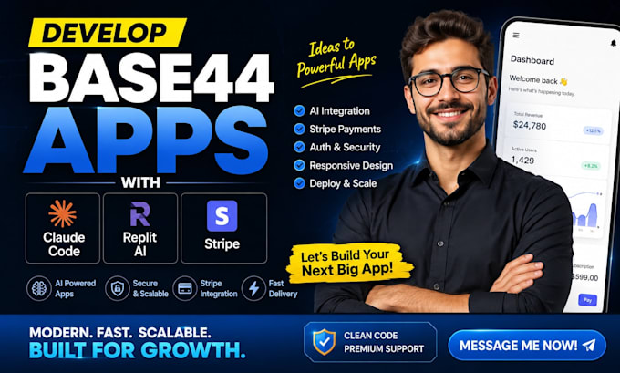 develop base44 apps with claude code, replit ai and strip