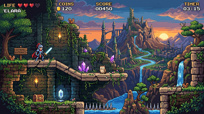 draw pixel art scene and background for your game