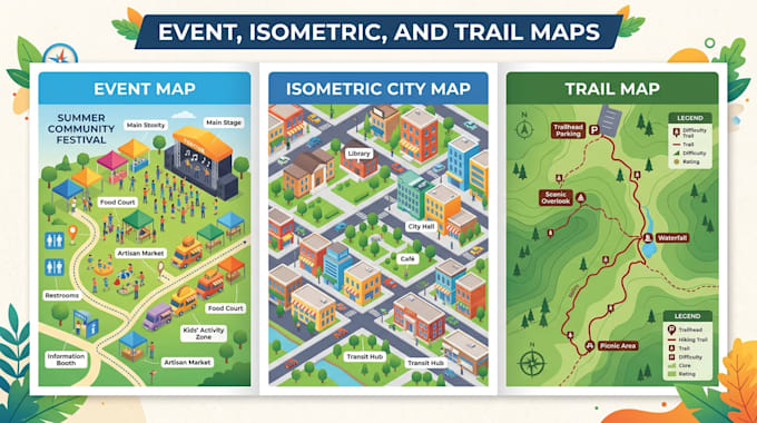 render event map, isometric map, trail map, for vector illustration