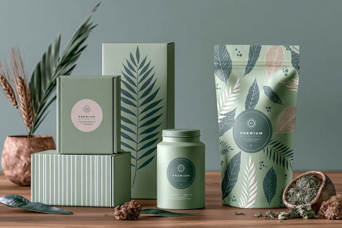 product label design, box, bottle, and pouch design