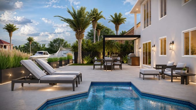 create modern backyard, pool and landscape design with 3d rendering