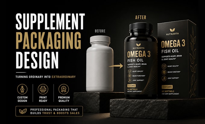 design premium supplement label, 3d bottle, packaging design