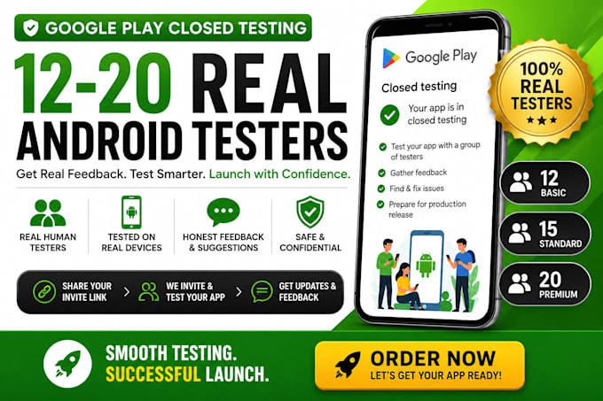 provide 12 testers 20 testers for android app goggle play store closed testing