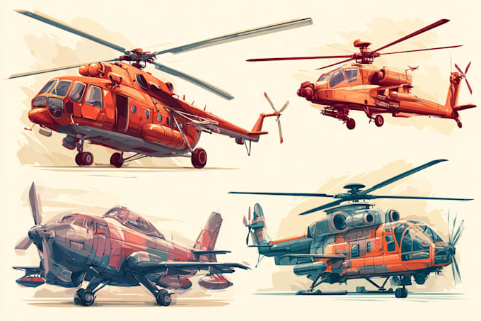 draw helicopter , airplane , aircraft , into a vector cartoon