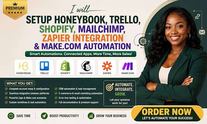 setup honeybook trello shopify mailchimp zapier integration make com automation