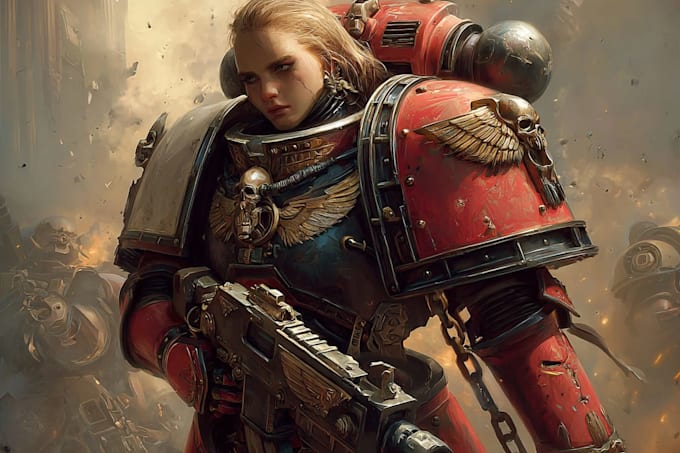 draw an epic grimdark sci fi warrior inspired by warhammer 40k