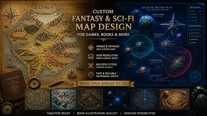 draw a custom map for fantasy, scifi, book or boardgame