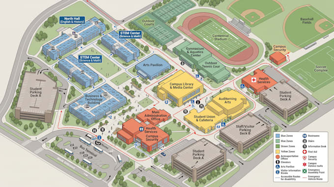 create wayfinding campus map, university map, visitor guide, navigation plan