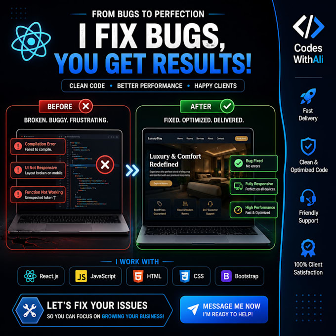 fix react js bugs frontend errors javascript issues
