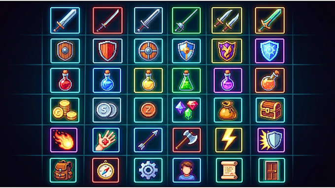 design pixel art UI, hud, icons and game interface