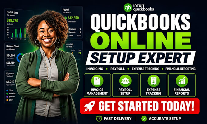 setup quickbooks invoicing expense tracking payroll qbo financial reporting