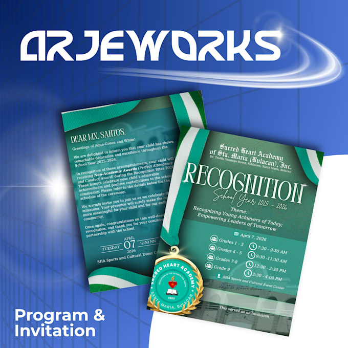 design school posters, event invitations, programs, and layouts