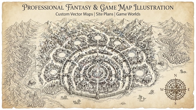 draw custom vector map, fantasy game map, or site plan illustration