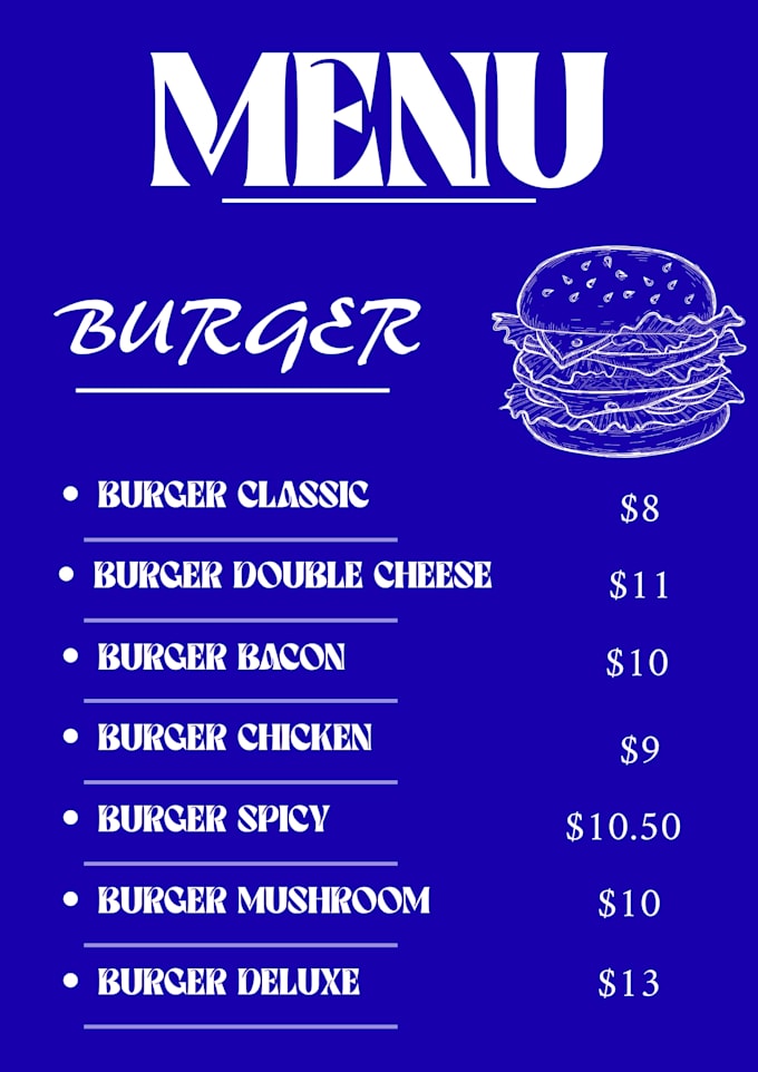 design a professional restaurant menu for pizza, burger, or cafe