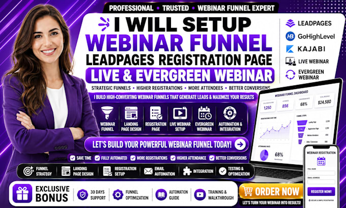 setup webinar funnel, leadpage webinar registration page, live evergreen webinar