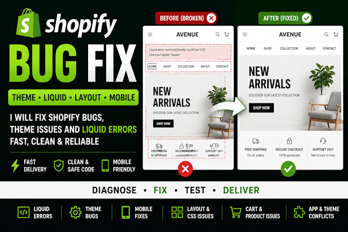 fix shopify bugs, theme issues and liquid code errors