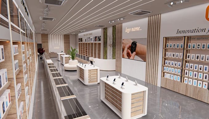 redesign retail interior,electronic store,modern showroom,commercial render,shop