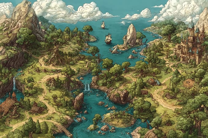 design a custom high quality fantasy world map illustration