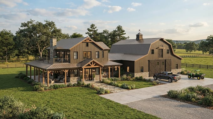 create 3d barndominium exterior design, barn house render and visualization