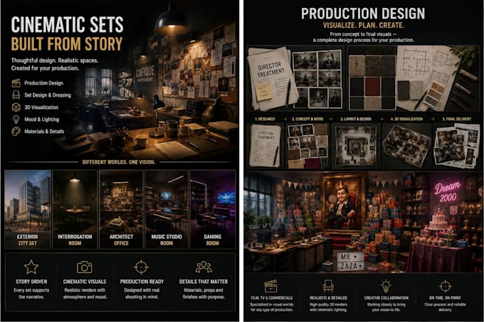 create cinematic production design and set design concepts