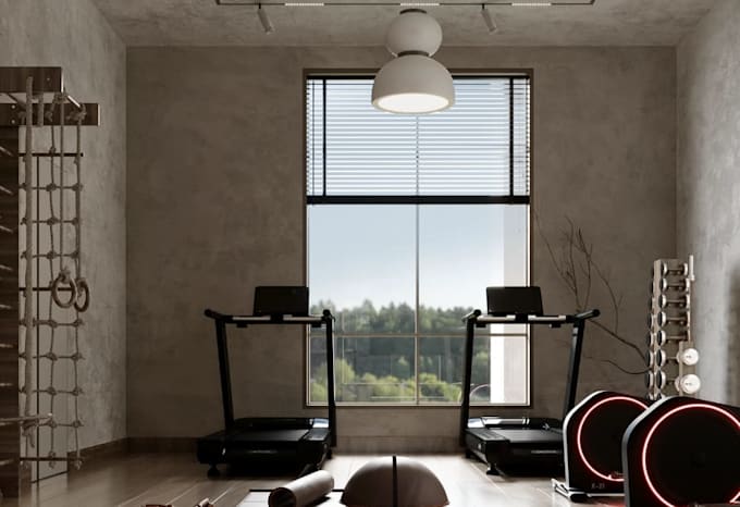 restyle 3d home gym,interior layout,yoga,pilates studio,cardio design,bar render