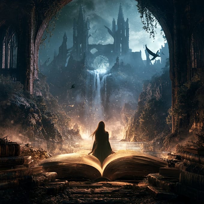 create fantasy novel cover with cinematic illustration