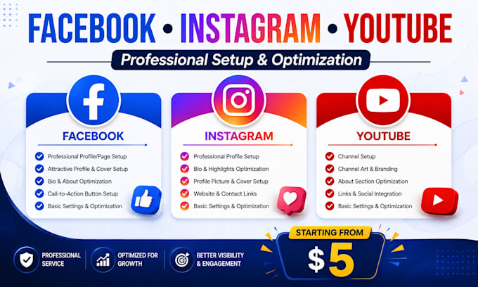 setup and optimize facebook, instagram and youtube profiles