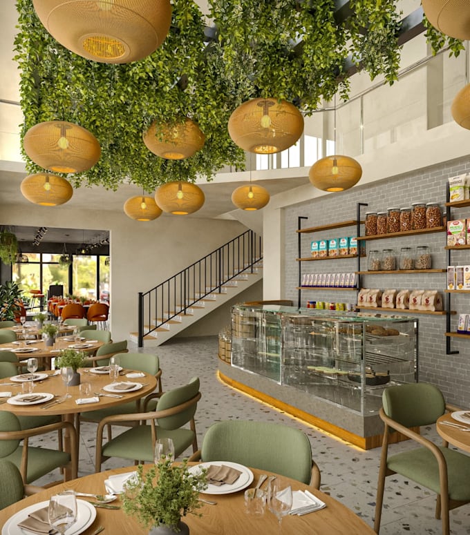 design,render cafe interior,bakery 3d rendering, restaurant layout,2d floor plan