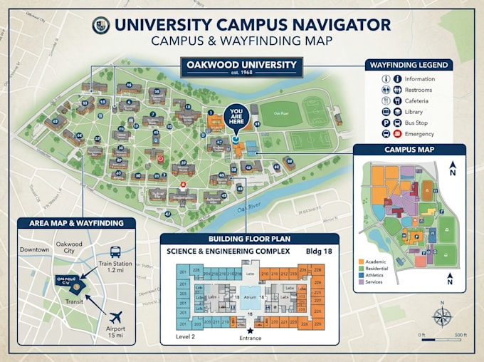 create school map, campus map, university map, building map and wayfinding map