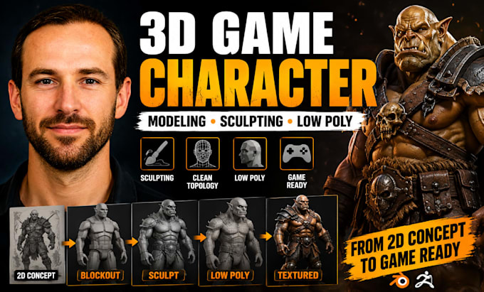 do 3d game character, 3d character modeling, 3d sculpting and low poly 3d model