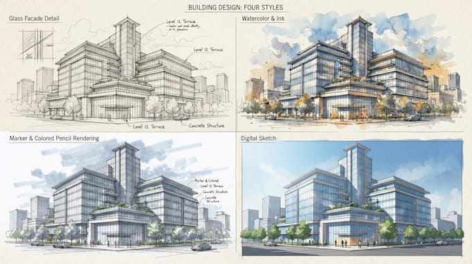 draw detailed building line art or sketch