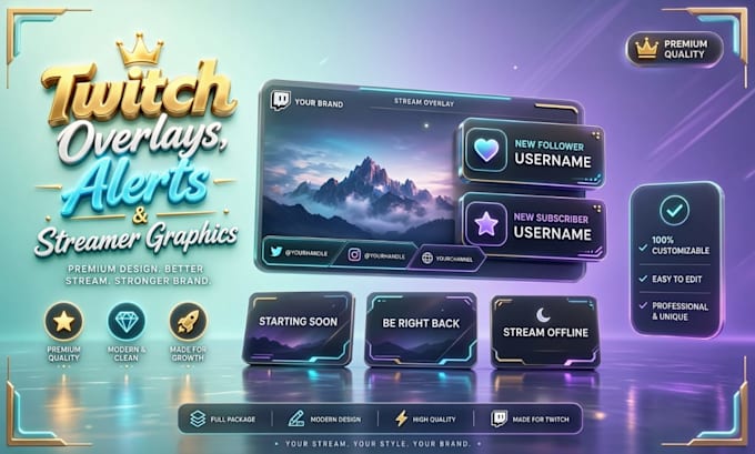 design twitch overlays streamer graphics alert panels screen youtube kick