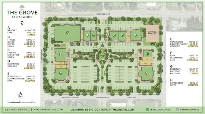 design a commercial property map, leasing layout, and retail site plan