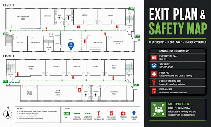 design emergency fire evacuation plan, fire safety exit plan and safety map