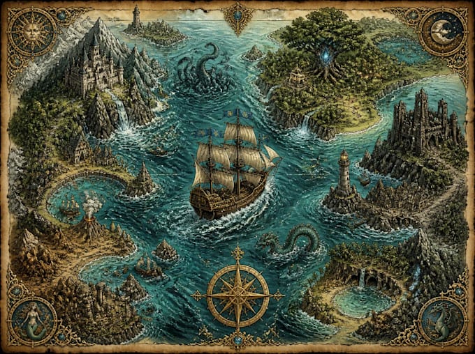 draw fantasy map or ship illustration with cool details