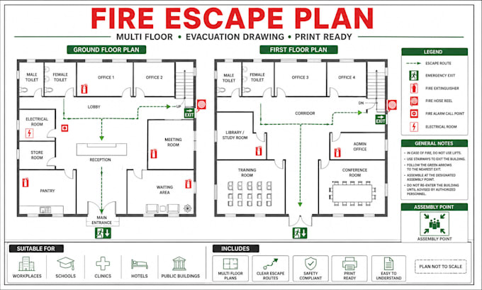 create fire evacuation plan, emergency exit plan and escape route map