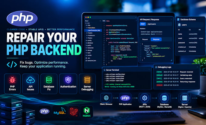 fix php bugs, errors, laravel issues, mysql problems backend code and php script