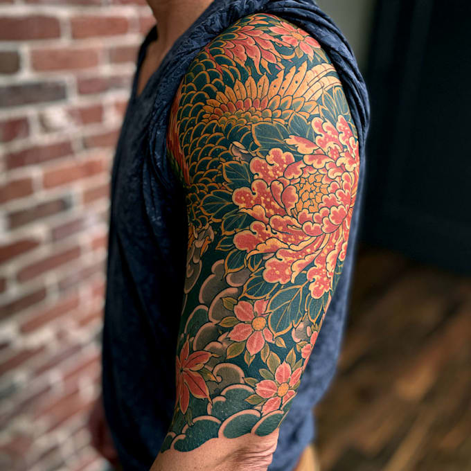 illustrate detailed japanese tattoo artwork with symbolic elements